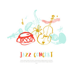 Hand drawn music poster with trombone and splashes. Grunge Jazz banner
