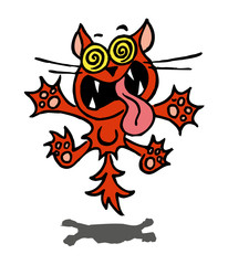 Frightened cat jumps up with wide eyes, cartoon joke