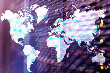Internet and telecommunication concept with world map on server room background