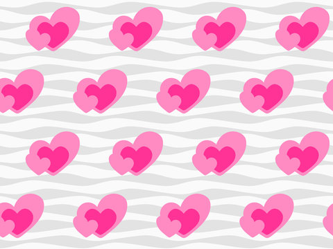Abstract seamless pattern with hearts on wavy background.