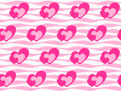 Abstract seamless pattern with hearts on wavy background.