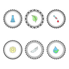 Vector set of labels with various symbols in flat style on white background. Collection of isolated elements for design packaging, tags and stamps or badges for cosmetics, medicine, food etc.