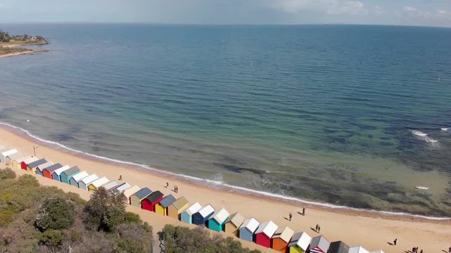 Aerial view of colourful beach boxes