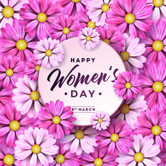 8 March. Happy Womens Day Floral Greeting card. International Holiday Illustration with Flower Design on Pink Background. Vector Spring Celebration Template.