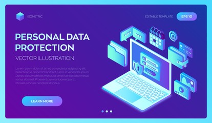 Data protection. Open laptop with authorization form on screen, personal data protection. System of authentication, data access, login form on laptop screen. 3d isometric design. Vector illustration.