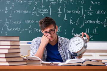 Young male student studying math at school