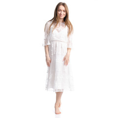 Woman in white dress summer spring laced goes on white background isolation