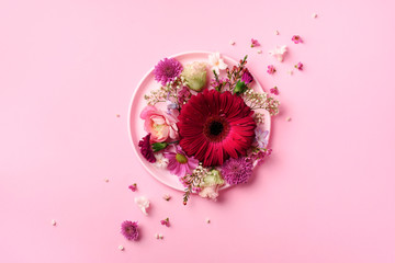 Gerbera and spring flowers on pink plate over punchy pastel background. Top view, flat lay. Square crop with copy space. Summer concept - Powered by Adobe