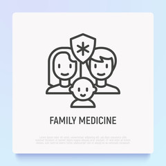 Family insurance thin line icon: mother, father, baby are protected by medical shield. Modern vector illustration.
