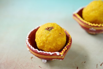 Homemade Laddu / Ladoo - Indian Diwali festival sweets close up, selective focus