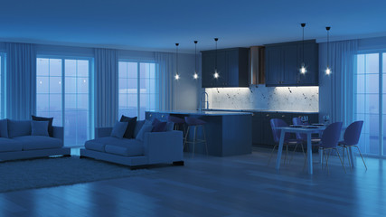 Modern home interior with gray kitchen. Night. Evening lighting. 3D rendering.