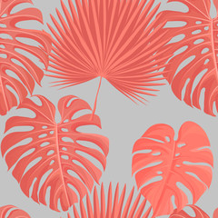 Fototapeta na wymiar Living coral color tropical leaves seamless pattern.