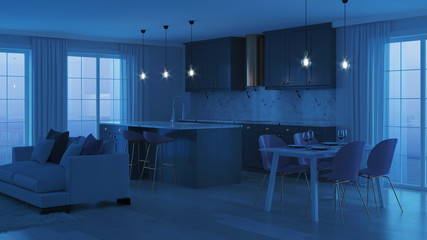 Modern home interior with gray kitchen. Night. Evening lighting. 3D rendering.