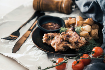 roasted sleeves chicken with potatoes and barbecue sauce