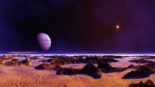 Blue Moon Over Desert Planet. In the dark starry sky big blue planet and a bright orange sun. Clouds are floating slowly. Dark mountains stand among desert sands. On the horizon a blue fog. 