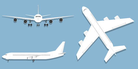 Aircraft, airplane, airliner in different point of view vector. Flying airplane, jet aircraft, airliner. Top, front, side, 3d perspective view of detailed passenger air plane isolated.