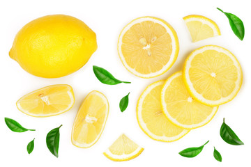 lemon and slices with leaf isolated on white background. Flat lay, top view - obrazy, fototapety, plakaty