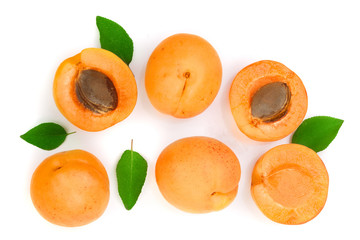 Apricot fruits with leaves isolated on white background. Top view. Flat lay pattern