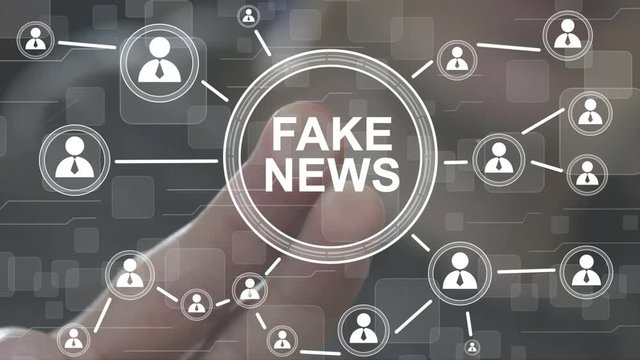 Businessman presses button fake news virtual digital electronic user interface.
