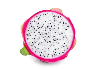 half of Ripe Dragon fruit, Pitaya or Pitahaya isolated on white background, fruit healthy concept