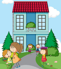 Obraz na płótnie Canvas Children infront of simple house