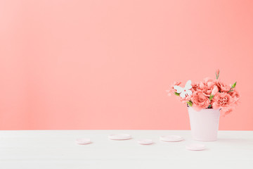 bouquet of coral Carnation flowers in a vase on a coral background. Empty space for text