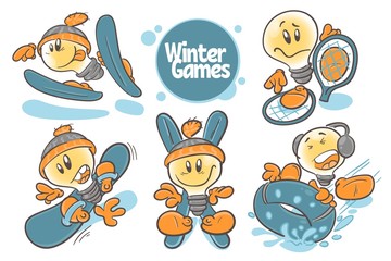 Set character cartoon lightbulb.Winter games. On white background. Vector