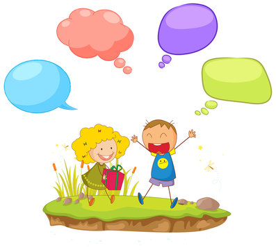 Doodle children with  speech balloon