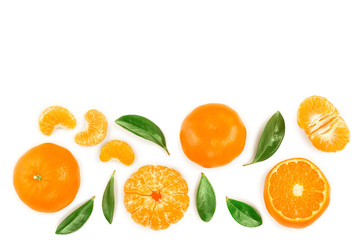 tangerine or mandarin with leaves isolated on white background with copy space for your text. Top view. Flat lay