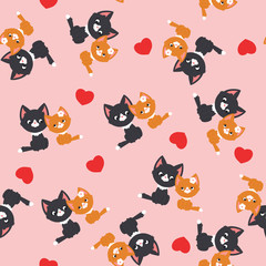 Two cats/kittens in love, black and orange seamless pattern