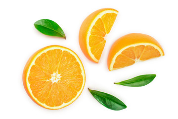 orange with leaves isolated on white background. Top view. Flat lay