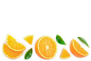 orange with leaves isolated on white background with copy space for your text. Top view. Flat lay