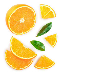 orange with leaves isolated on white background with copy space for your text. Top view. Flat lay