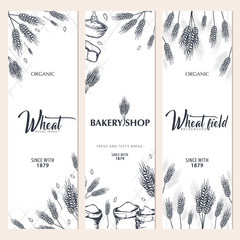 Set of Bakery backgrounds with wheats. Linear graphic. Bread banner collection. Bread house. Vector illustration - obrazy, fototapety, plakaty