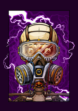 Detailed graphic cool realistic colorful human skull with protective gas mask and crazy eyes. Isolated on violet background with lightning. Vector icon.