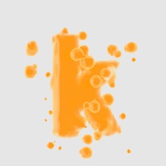 3d letter K lowercase. Orange Juice font with drops isolated on white background