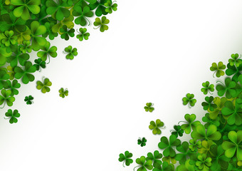 Happy Saint Patrick's Day background with realistic green shamrock leaves, advertisement, banner template, vector illustration