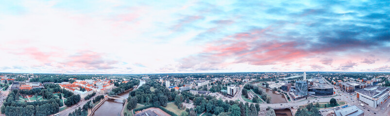 Tartu, Estonia. Panoramic aerial view at summer sunset