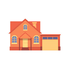 Vector orange cute house with a garage in flat cartoon style.