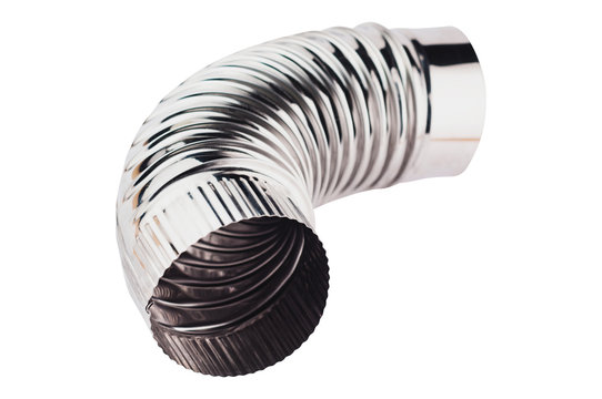 Single corrugated chrome elbow pipe for ventilation in home or office or other building isolated on white background without shadow
