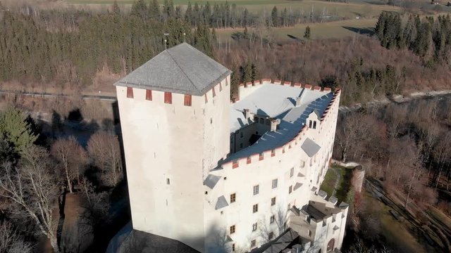 Aerial view of Lienz Castle and valley in winter season, Austria