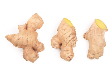 fresh Ginger root and slice isolated on white background. Top view. Flat lay. Set or collection