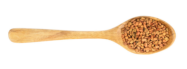 Fenugreek seeds in wooden spoon isolated on white background top view