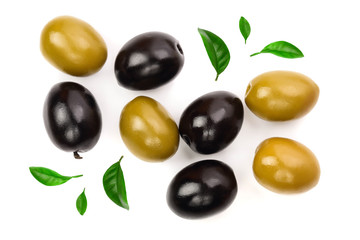 Green and black olives isolated on a white background. Top view. Flat lay