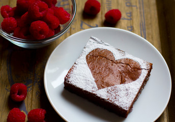 Raspberry Brownie, Valentine's Day, on wooden background