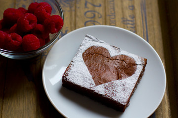Raspberry Brownie, Valentine's Day, on wooden background