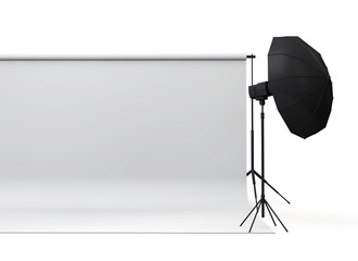 Empty photography studio with paper roll and lights. 3D rendering
