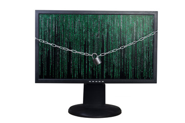  lock and chain on the background of the monitor with numbers