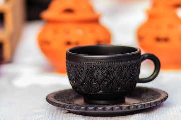 Beautiful Black Vintage Thai's style porcelain teacup, coffee cup hand made. Set of Black coffee...