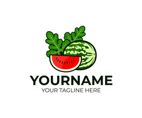 Fruits and berries, watermelon and a slice or piece of watermelon with leaves, logo design. Organic food, vegetarian, healthy eat, agriculture and farming, vector design and illustration